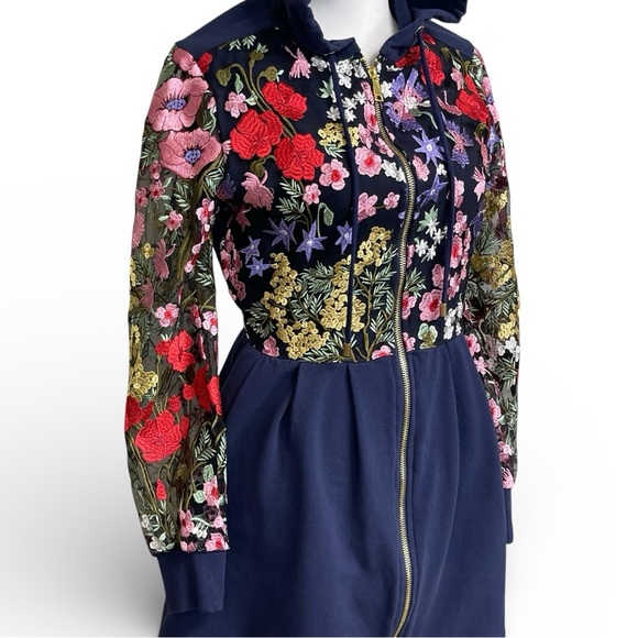 Boston Proper Navy Floral Embroidered Hoodie Jacket Size Small - Picture 6 of 11